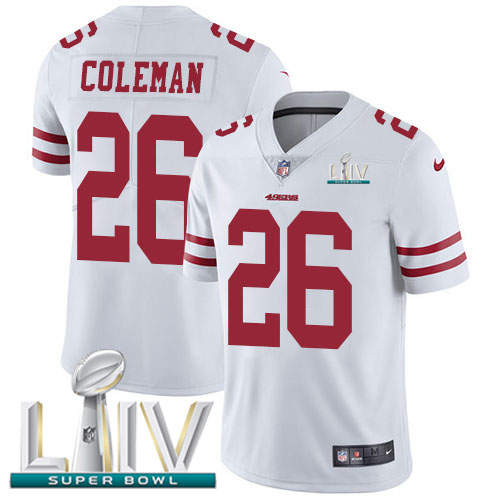 San Francisco 49ers Nike #26 Tevin Coleman White Super Bowl LIV 2020 Men Stitched NFL Vapor Untouchable Limited Jersey->youth nfl jersey->Youth Jersey